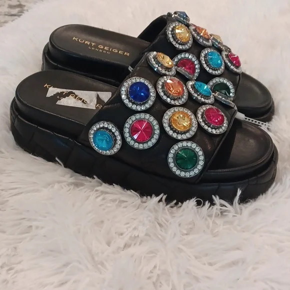 Kurt Geiger Rainbow Rhinestone Gem Crystal Leather Quilted Slip On Sandal New - Picture 6 of 15